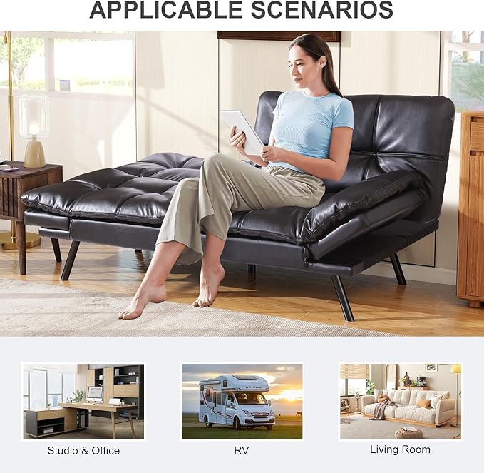 Vipbear Futon Sofa Bed Couch, 71" Convertible Sofa Bed, Space-Saving Loveseat with Adjustable Backrest & Armrest for Living Room,Apartment,Office,Black Sleeper Sofa