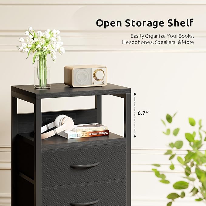 NightStand Bedside Charging Table Bedroom - Black Night Stand with Charger Station, Modern Bed Side End Table with Open Shelf & 4 Fabric Drawers, USB-C USB Ports & AC Outlets for Dorm Living Room