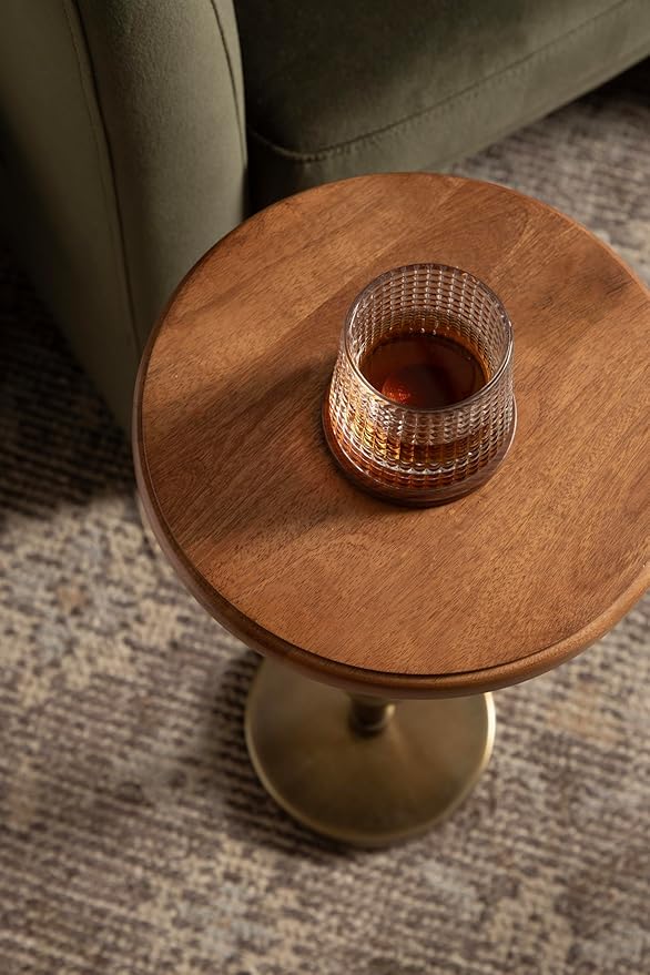Kate and Laurel Engles Modern Adjustable-Height Pedestal Drink Table; 10 x 10 x 30; Walnut Brown and Brass; Mid-Century Round Indoor Metal Plant Stand with Solid Wood Tabletop