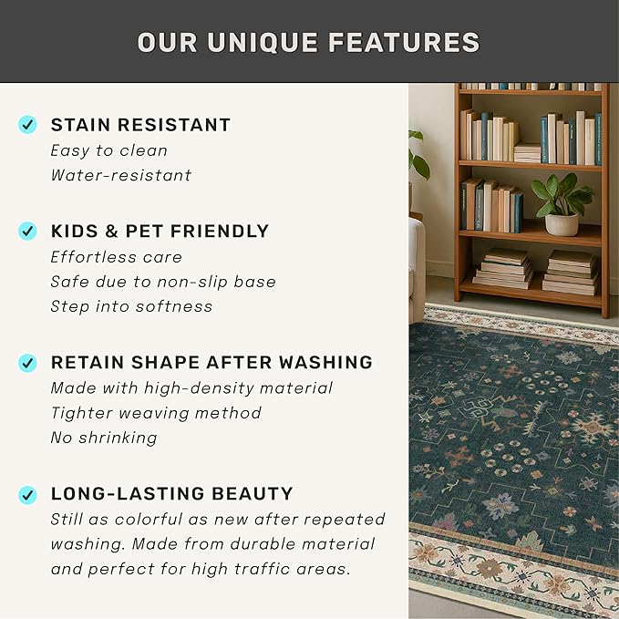Dark Green Oushak 3x5 Large Entryway Rug - Modern Vintage Boho Eclectic Floral Pastel, Washable Low Pile Non-Slip Area Rugs for Door Mat Indoor Entrance, Kitchen, Bedroom Beside Bed, Laundry