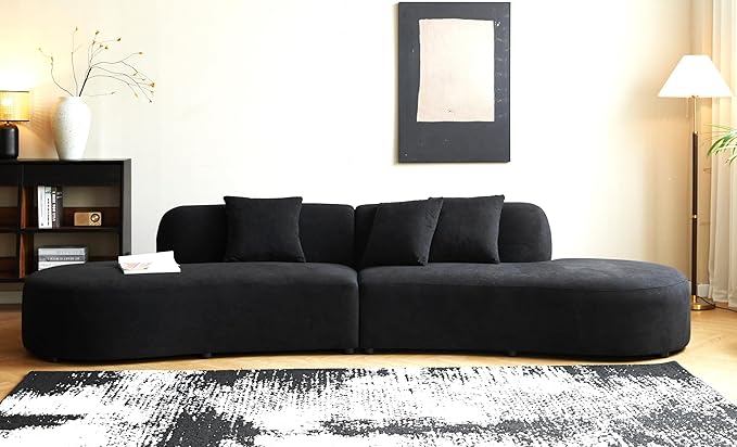 Container Furniture Direct 132" Curved Sofa with Throw Pillows, 6 Seater Luxury Velvet Couch with Half Moon Design and High-Density Foam, Ideal for Modern Living Room, Office & Apartment, Black