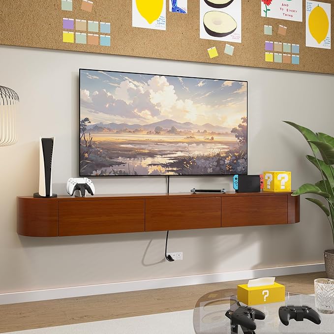 Fully Assembled Floating TV Stand with Drawers, 63IN Vintage Wall Mounted Entertainment Center, Minimalist Large Storage Console Under TV, Solid Wood Media Shelf for Living Room, Bedroom