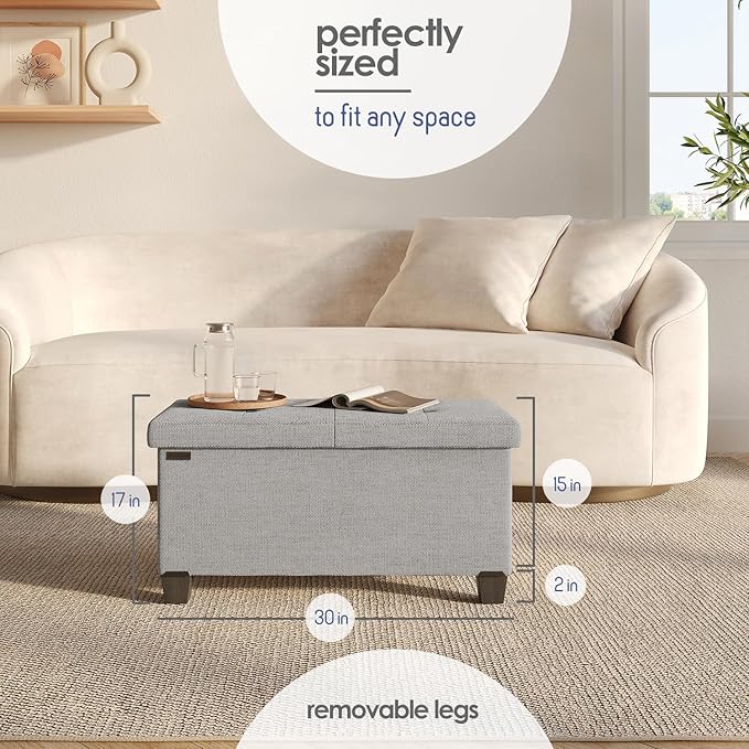 STORAGEBUD Storage Ottoman Bench with Bins, 30-in Storage Bench for Bedroom End of Bed, Folding Foot Rest Ottoman for Living Room Max 660lbs, Fabric Ottomans, Light Grey