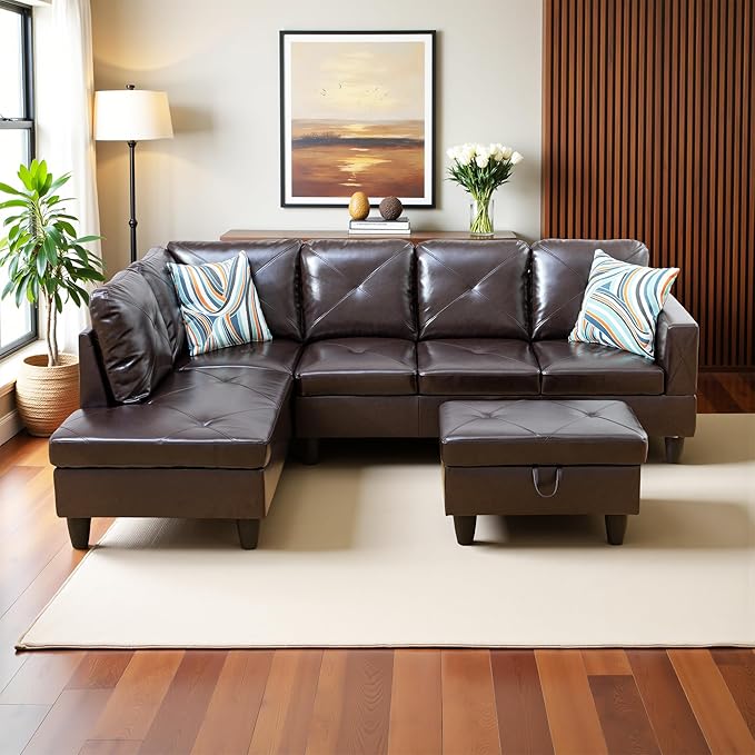 L Shaped Couch Faux Leather Sectional Couch Upholstered 3 Pieces Sofas for Living Room with Chaise, Storage Ottoman for Office and Small Apartment, Brown