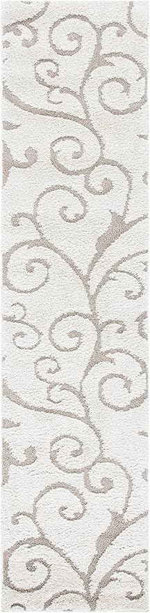 SAFAVIEH Florida Shag Collection Runner Rug - 2'3" x 9', Ivory & Beige, Scroll Design, Non-Shedding & Easy Care, 1.2-inch Thick Ideal for High Traffic Areas in Living Room, Bedroom (SG455-13LT)