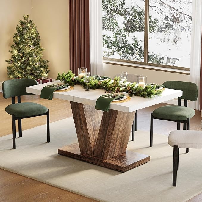 LITTLE TREE 47 Inches Dining Table for 4, Modern Dining Room Tables, White Rectangle Kitchen Table with Rustic Brown V-Shaped Pedestal, Wooden Dinner Table for Dining Room, Kitchen, Living Room
