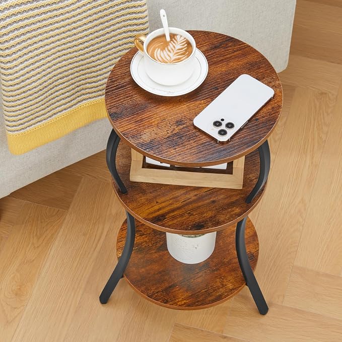 Vintage Small Round Side Table, 3-Tier Slim Waist Circular End Table with Storage Shelf, Compact Tea Sofa Table, Round Corner Coffee Table Nightstand for Living Room Bedroom Small Spaces,Rustic Brown