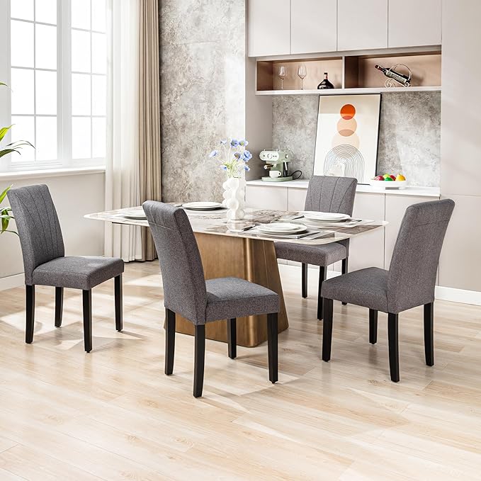 VECELO Upholstered Dining Chairs Set of 2, Modern Fabric and High Back & Solid Wood Legs, Parsons for Kitchen/Living Room- Dark Gray