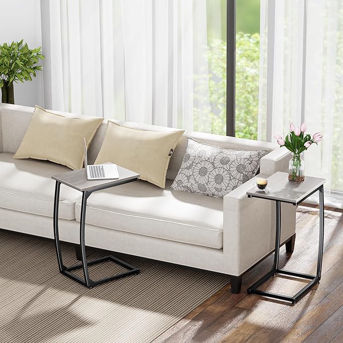 C-Shaped End-Table Set of 2 - Side Table for Couch,Curved Support Legs, Slide Under Couch Table for Sofa, TV Tray Table for Living Room Bedroom（Lvory）