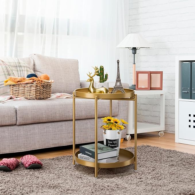 danpinera 2-Tier End Table, Outdoor Side Table, Metal Round Desk with Removable Tray, Small Folding Accent Desk, Anti-Rust Nightstand for Bedroom Balcony Patio Living Room, Set of 2 (Gold)