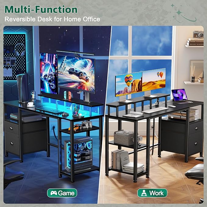 Furologee 61" Gaming Desk with Power Outlets & LED Lights, Reversible Computer Desk with File Cabinet & Monitor Stand for Home Office, Large Work Table with Storage Shelves & Drawer, Black