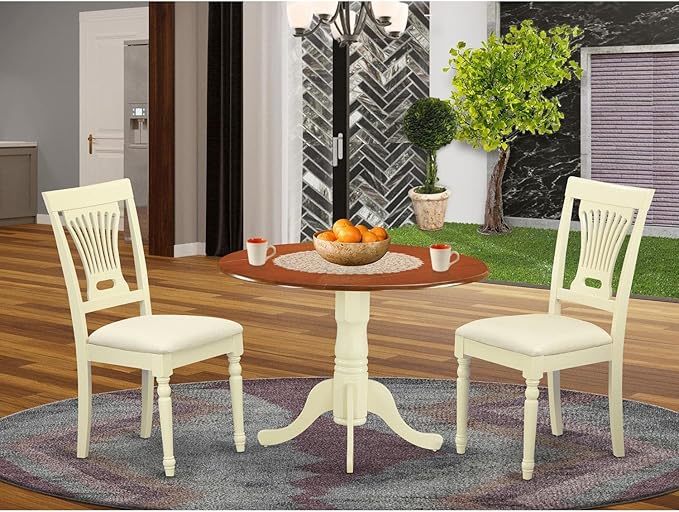 East West Furniture DLPL3-BMK-C 3 Piece Dining Room Furniture Set Contains a Round Kitchen Table with Dropleaf and 2 Linen Fabric Upholstered Dining Chairs, 42x42 Inch, Buttermilk & Cherry