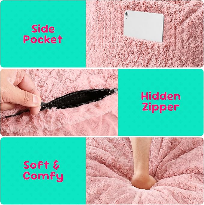 Hobestluk Bean Bag Chairs 2.5FT Bean Bag Chair with Memory Foam Filled & Chevron Plush Fur Cover Small Bean Bag Chairs for Playroom, Living Room, Bedroom (Pink)
