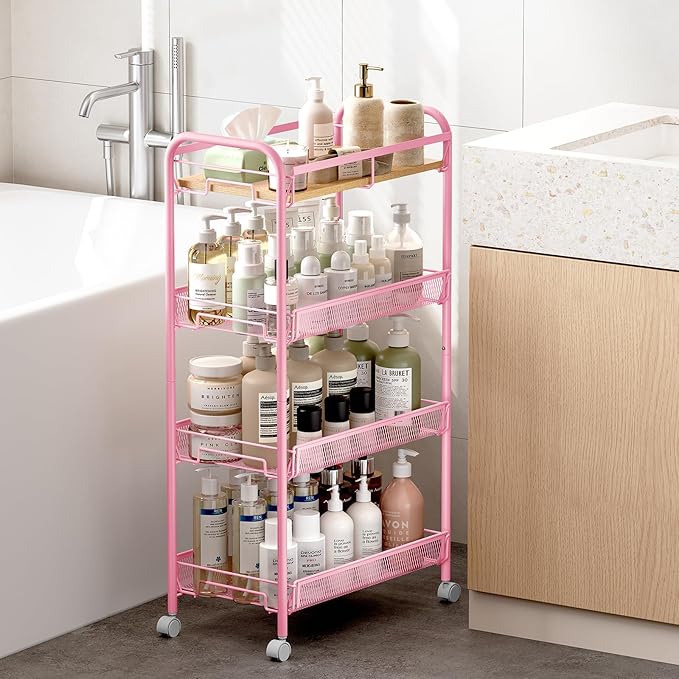 KINGRACK 4-Tier Wide Metal Rolling Storage Cart, Utility Cart with Wooden Tabletop for Laundry, Bathroom, Kitchen, Apartments, Dormitory (Pure Pink, Wide)