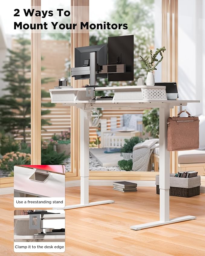 35x20 Inch Standing Desk with Double Drawers, C-Clamp Mount Compatible, Electric Adjustable Height Computer Stand Up Desks, Home Office Sit Stand Table with 3 Preset Heights & 2 Hooks, White