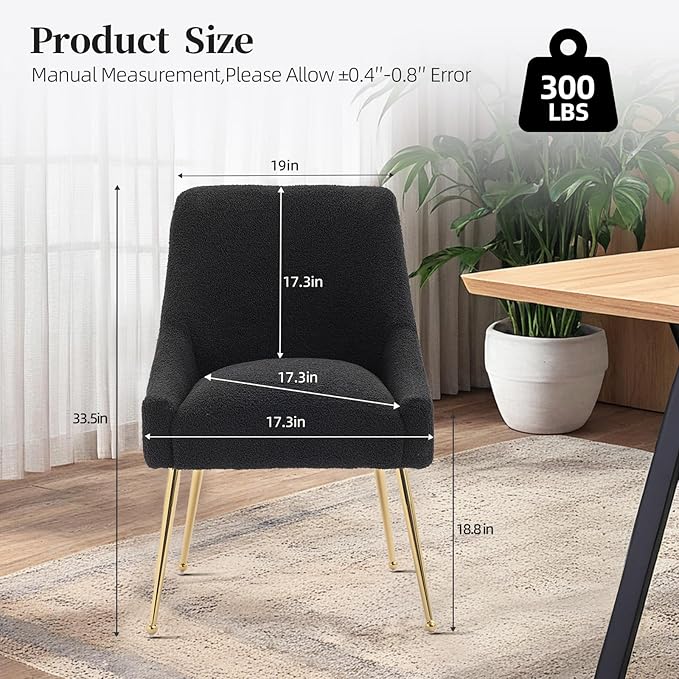 Modern Velvet Dining Chairs Set of 4, Contemporary Upholstered Furniture Collection with Polished Gold Metal Legs, Elegant Accent Chairs for Kitchen Living Room(Teddy Fleece,Black)