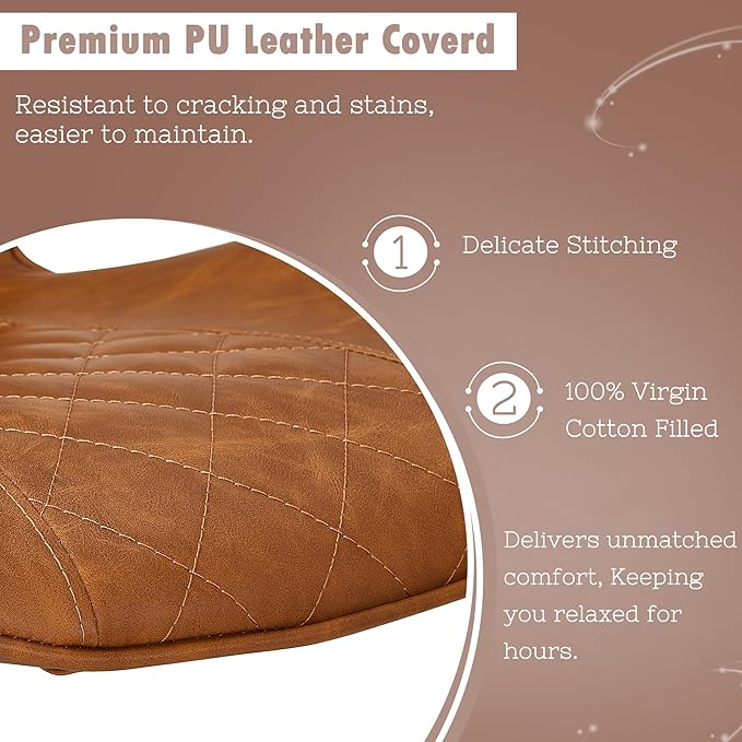 VECELO Quilted Bar Stools Set of 2, Adjustable Bar Height Swivel Bar Stools with Back, PU Leather with Stitching, Mid-Century Modern, 100% Virgin Cotton, 28~31" Tall, for Kitchen, Pub, Caramel Brown