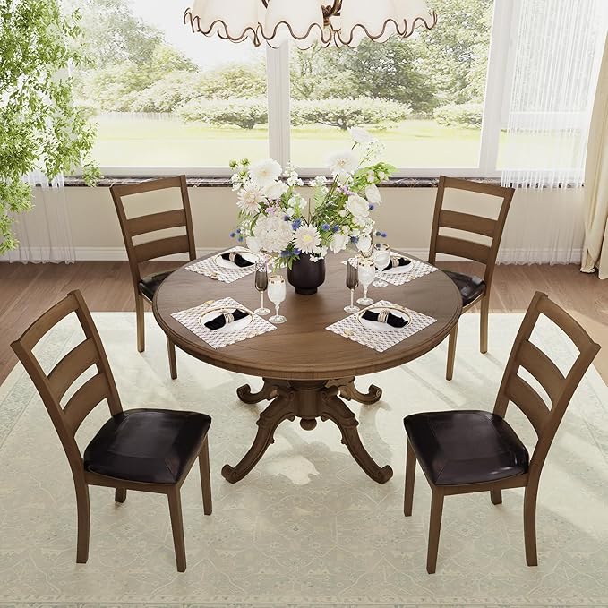 COLAMY Upholstered Dining Chairs Set of 6, PU Leather Ladder High Back Dining Room Kitchen Side Chair with Adjustable Foot Pegs, Dark Brown