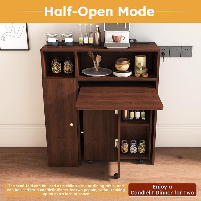 Ball & Cast Multifunctional Folding Dining Table with Wall-Mounted Sideboard & Storage,Wood Kitchen Island w/Four-in-one Socket and Silent Wheels,Space-Saving,Easy to Assemble,for Dining Room,Walnut