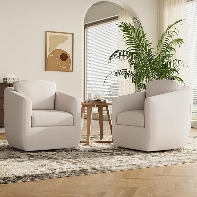 COLAMY 360° Swivel Accent Chair with Pillow - Comfy Living Room Armchair No-Sag Foam & Sturdy Metal Base, Fully Assembled Swivel Accent Single Sofa for Bedroom Living Room, Office, Beige