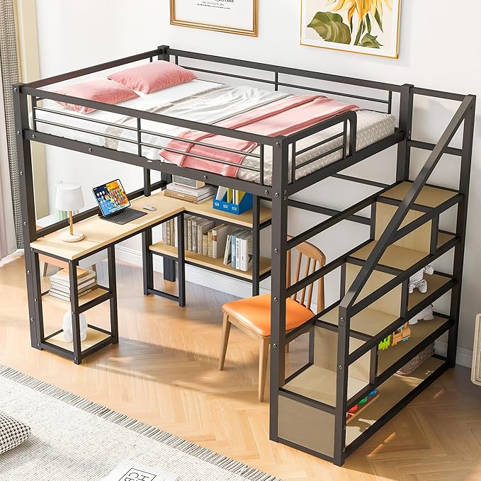 Full Size Metal Loft Bed with Staircase,Full-Length Guardrails,a Built-in Desk and a 3-Tier Shelf,No Box Spring Needed,Noise Free,for Juniors&Adults,Black