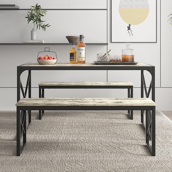 VECELO Kitchen Dining Table Set for 4, 55" Wood Rectangle Dinette with 2 Benches, Heavy-Duty Metal Frame for Small Space, Breakfast Nook, Grey