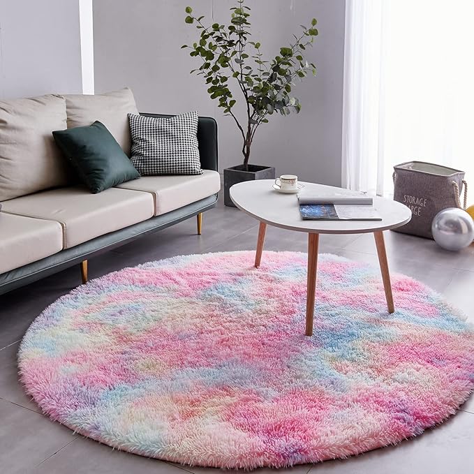 FJZFING Rainbow Round Rug Ultra-Soft Plush Modern 5x5 Circle Area Rug for Kid's Bedroom, Fluffy Shag Circular Rug for Nursery Room, Non-Slip Home Decor Colorful Carpet for Teen's Room