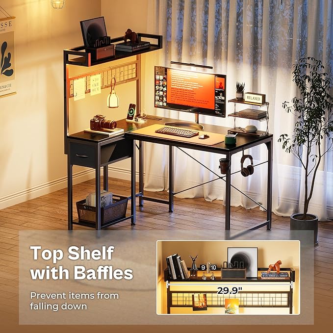 PRAISUN L Shaped Gaming Desk with Shelves, Corner Computer Table with LED Lights, Power Outlets and USB-C Ports, 42 Inch Reversible Home Office Desk with Storage Drawer, for Work and Study, Black