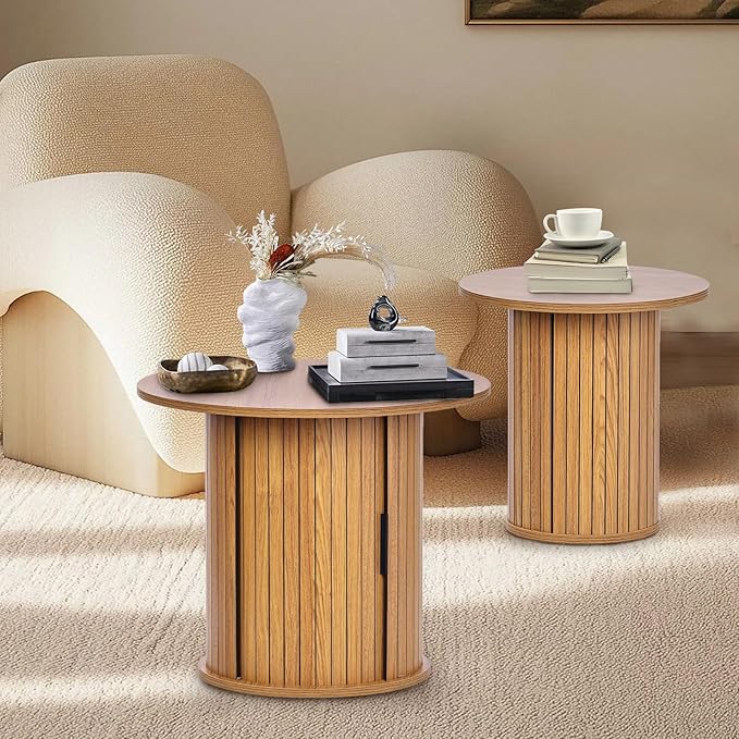 Modern Walnut End Table with Storage - Fluted Design Living Room Accent Table, Tall Bedside Nightstand & Sofa Side Table for Small Spaces, Dark Wood Finish (15.7” Wide, Natural)