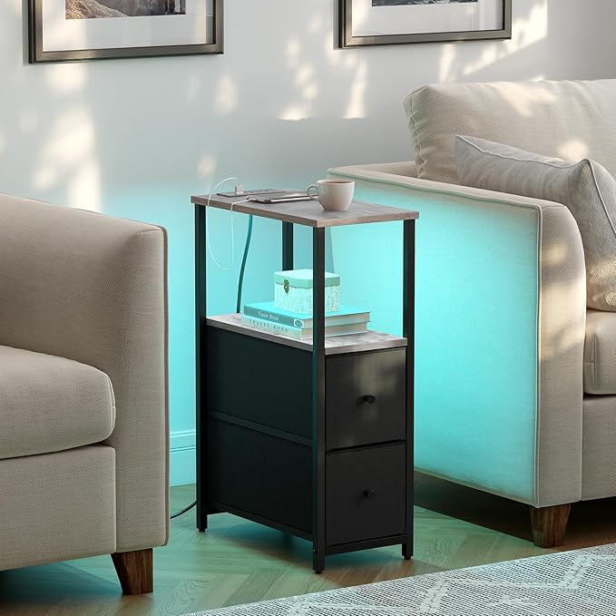 TUTOTAK Small Narrow LED End Table with Charging Station, Side Table Outlets, Nightstand with 2 Cloth Drawers, Set of 2, Couch Table, for Living Room, Bedroom, Bedside, Greige TB01BG056