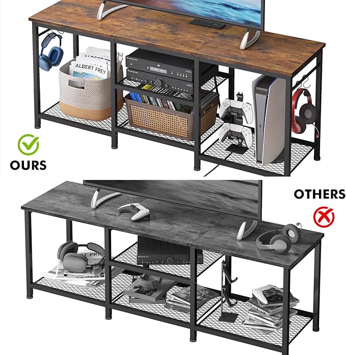 YGEOMER TV Stand Entertainment Center for 55 Inch TVs, with Charging Station and Lights Open Storage Shelves, TV Media Console, Open Storage Shelf with Sound Rack for Living Room, Rustic Brown