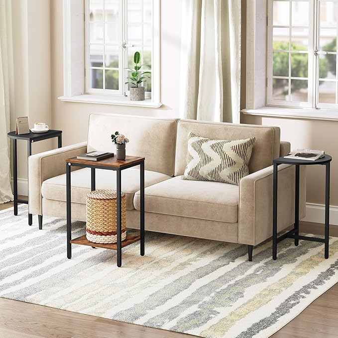 Small Side End Table, Nesting Side Table for Living Room, 2-Tier Nesting Side Table for Small Space, Wooden Sofe Tables Set of 3, Half Round End Table for Couch, Office, Brown and Black ET33BR