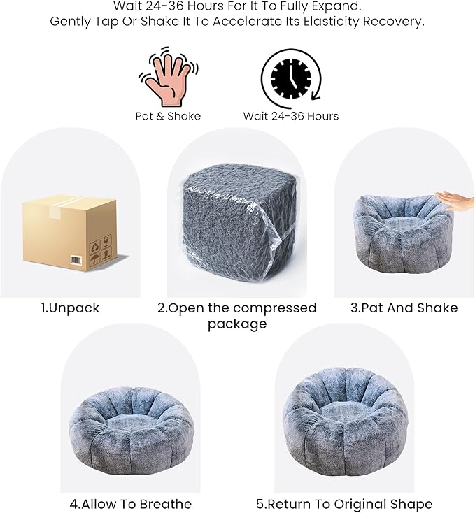 Bean Bag Chair with Filler, Faux Fur Comfy Chair with Petal Armrest Fluffy Lounge Chair for Bedroom, Living Room, Dorm, Game - Grey, Large, Low Support