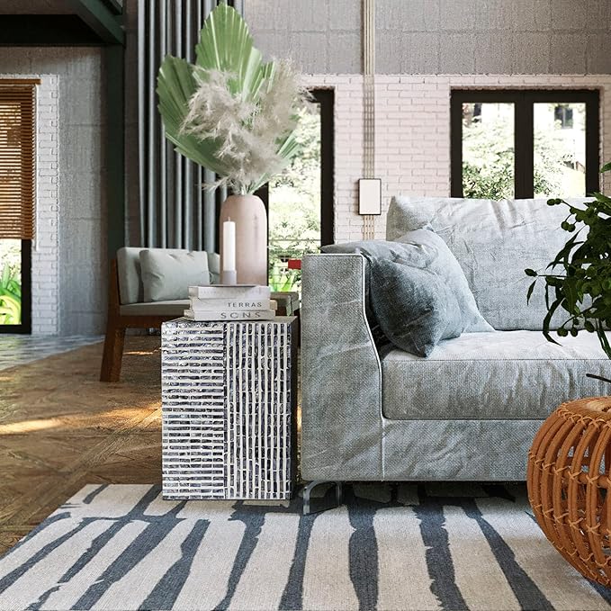 PEMAR Capiz Shell Square Drum End Table Side Accent Table Contemporary Mosaic Deco Patio Coffee Boho Décor Modern Nightstand & Vanity Stool (Dark Grey & White Stripes)