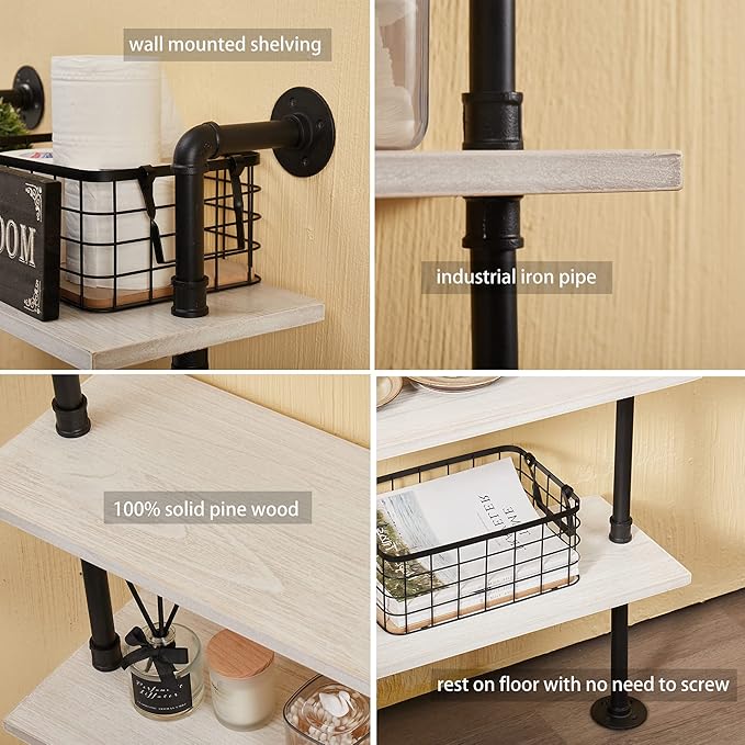 Industrial Ladder Pipe Shelves, Wall Mounted Wood Metal Rustic Bookshelf for Living Room (White, 6 Tier - 10" D x 24" W x 82.5" H)