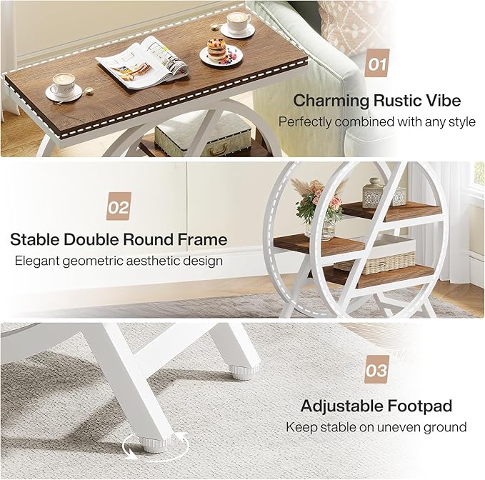 Tribesigns End Table for Living Room, 3-Tier Narrow Side Table with Storage, Wood Sofa Side Table with Geometric Metal Frame, Industrial Nightstand and Bedside Table for Bedroom (Light Brown+White)