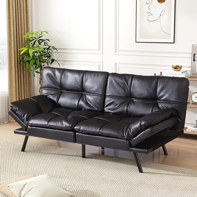 Vipbear Futon Sofa Bed Couch, 71" Convertible Sofa Bed, Space-Saving Loveseat with Adjustable Backrest & Armrest for Living Room,Apartment,Office,Black Sleeper Sofa