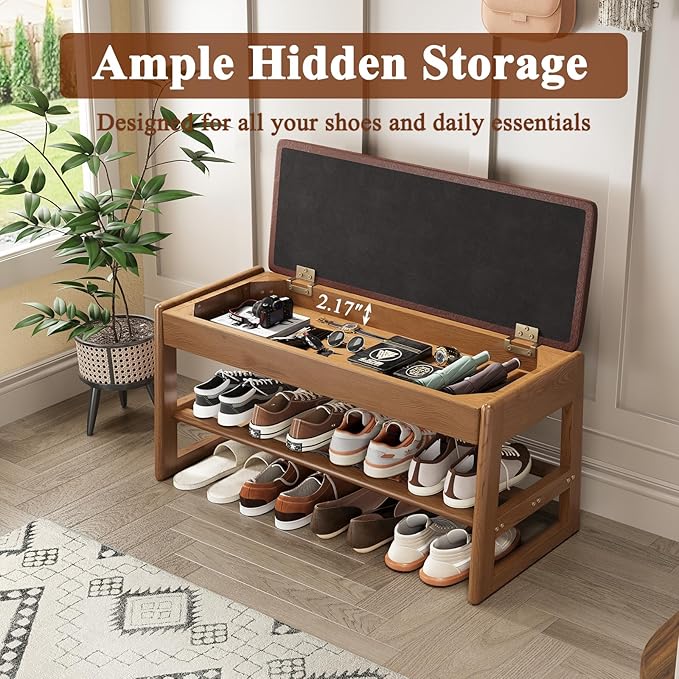 Shoe Rack Bench Seat Rubberwood 2-Tier Wooden Storage Bench 550lbs Compact Mid-Century Modern Design for Entryway, Hallway, Closet, Front Door Entrance, Foyer