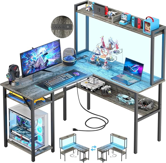 Unikito L Shaped Gaming Desk with LED Strip and Power Outlets, Reversible L-Shaped Computer Desk with Storage Shelves, Corner Desk with Hutch, 2 Person Home Office Desk, Black Oak