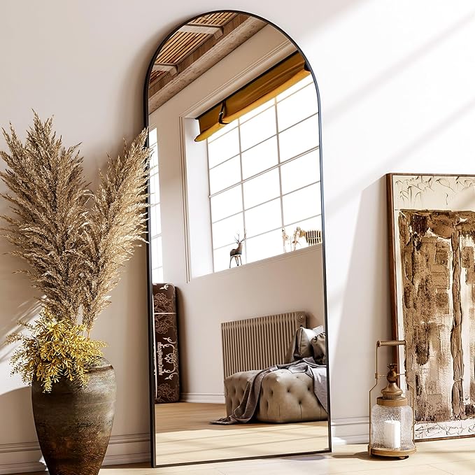 26''x 71'' Arched Full Length Mirror Floor Mirrors with Aluminum Alloy Frame Free-Standing Wall Mounted Floor Mirrors or Large Dressing Mirror, Black Mirror Full Length