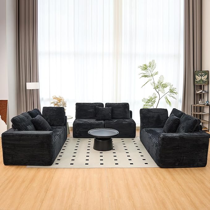 KEIKI 135" U Shape Sectional Sofa,6-Seater Modular Couch with Striped Corduroy Fabric for Living Room,Reversible Design