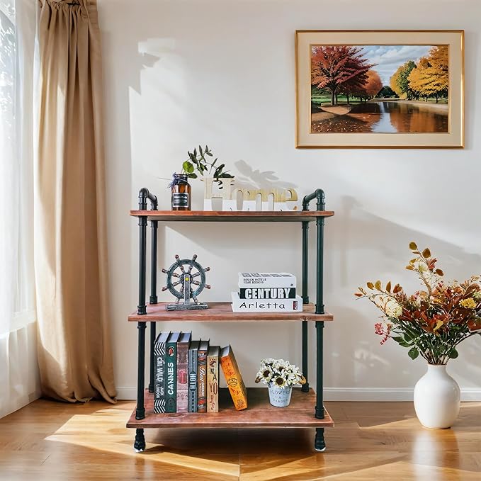 Industrial Bookshelf, 3 Tier Pipe Shelving, Industrial Pipe Shelf - Weathered Brown, 29.5" L x 11.8" W x 39" H