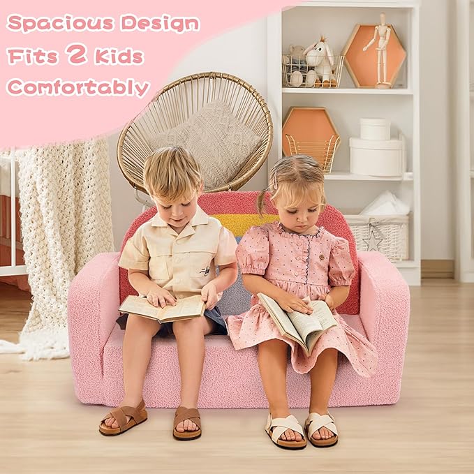Extra Wide Kids Couch, 2-in-1 Soft Toddler Couch with Blanket, Comfy Toddler Chair, Convertible Sofa to Lounger with Cute Colorful Rainbow Design, Pink
