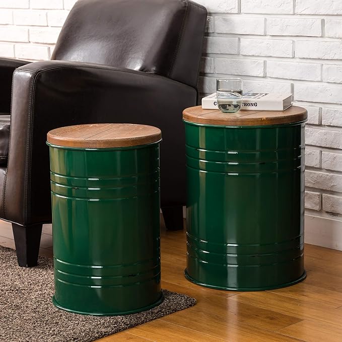 Glitzhome Farmhouse Accent Side Table, Metal Storage Stool Ottoman with Round Lid - Galvanized Coffee Cocktail End Tables Set of 2 for Living Room Bedroom, Hunter Green