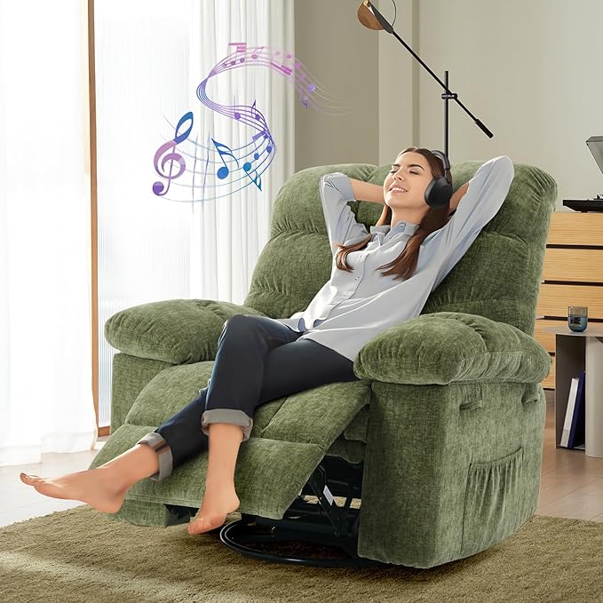 Rocking Recliner Chair,360° Swivel Rocker Chair for Living Room,Upholstered Fabric Glider Nursery Chair with Side Pockets for Small Spaces,Q235 Steel Frame Lazy Boy Recliner Single Sofa(Green)