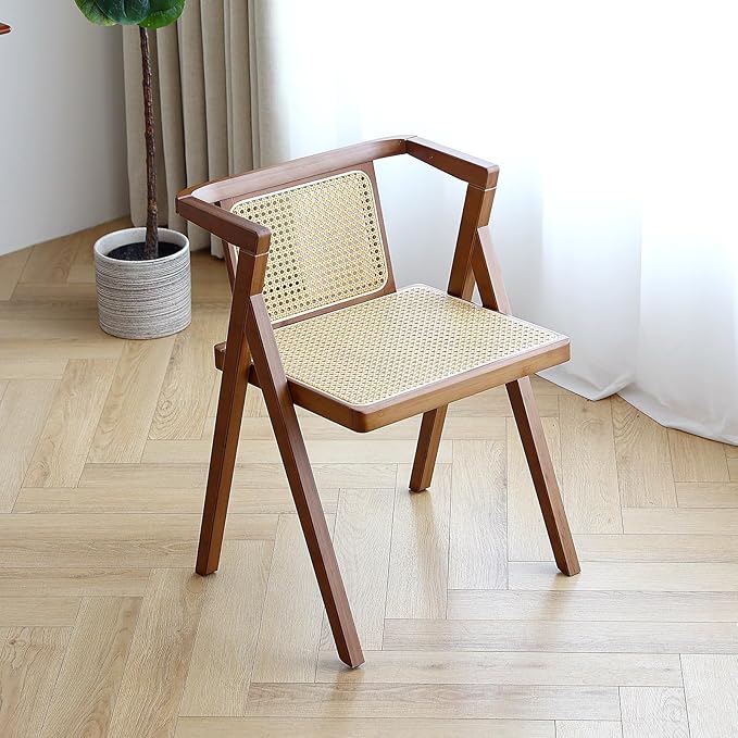 Rattan Dining Chair, Mid-Century Accent Armchair, Wicker Chair, Outdoor Bamboo Chair for Dining Room, Living Room, Bedroom, Kitchen, Walnut