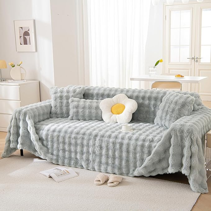 VM VOUGEMARKET Soft Warm Faux Fur Sofa Cover Thick Shaggy Fuzzy Sectional Couch Cover Plush Furniture Cover Fluffy Sectional Sofa Slipcover for Couch Sofa Bed(Grey,71" x 134")