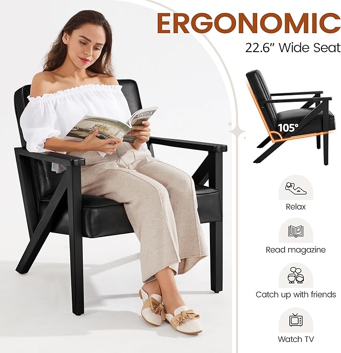 Yaheetech Accent Chair, PU Leather Reading Chair, Mid Century Modern Arm Chair with Solid Wood Frame for Living Room Bedroom Waiting Room, 2 Pieces, Black