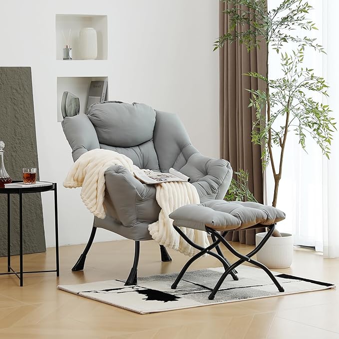 Lazy Chair with Ottoman, Modern Chair with Folding Footrest, Lounge Accent Chair, Comfortable Reading Chair (Light Grey)