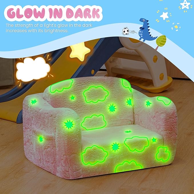 Lamerge 2-in-1 Toddler Couch,Glow in The Dark Baby Floor Bed,Foldable Toddler Chair Kids Sofa for playroom,Convertible Sofa to Lounger for Girls and Boys (Pink and Clouds)